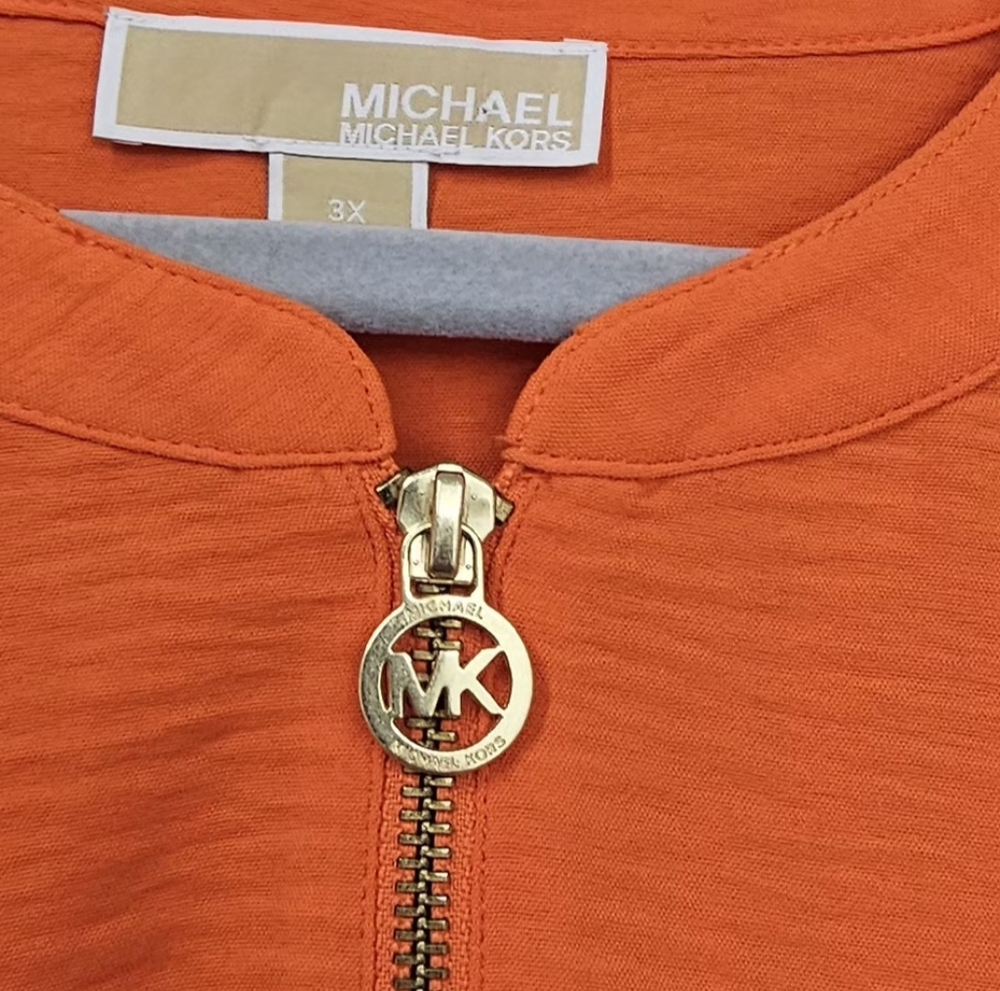 Michael Kors Women’s 3X Orange Puff Sleeve Blouse Gold Zip MK Logo Textured Top - Picture 5 of 10